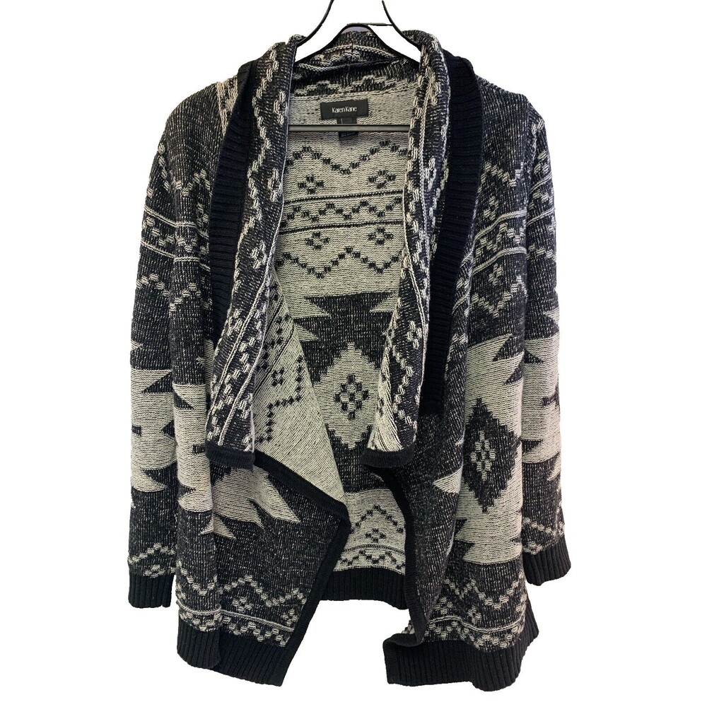 Karen Kane Aztec Black White Patten Waterfall Draped Open Front Cardigan Women M